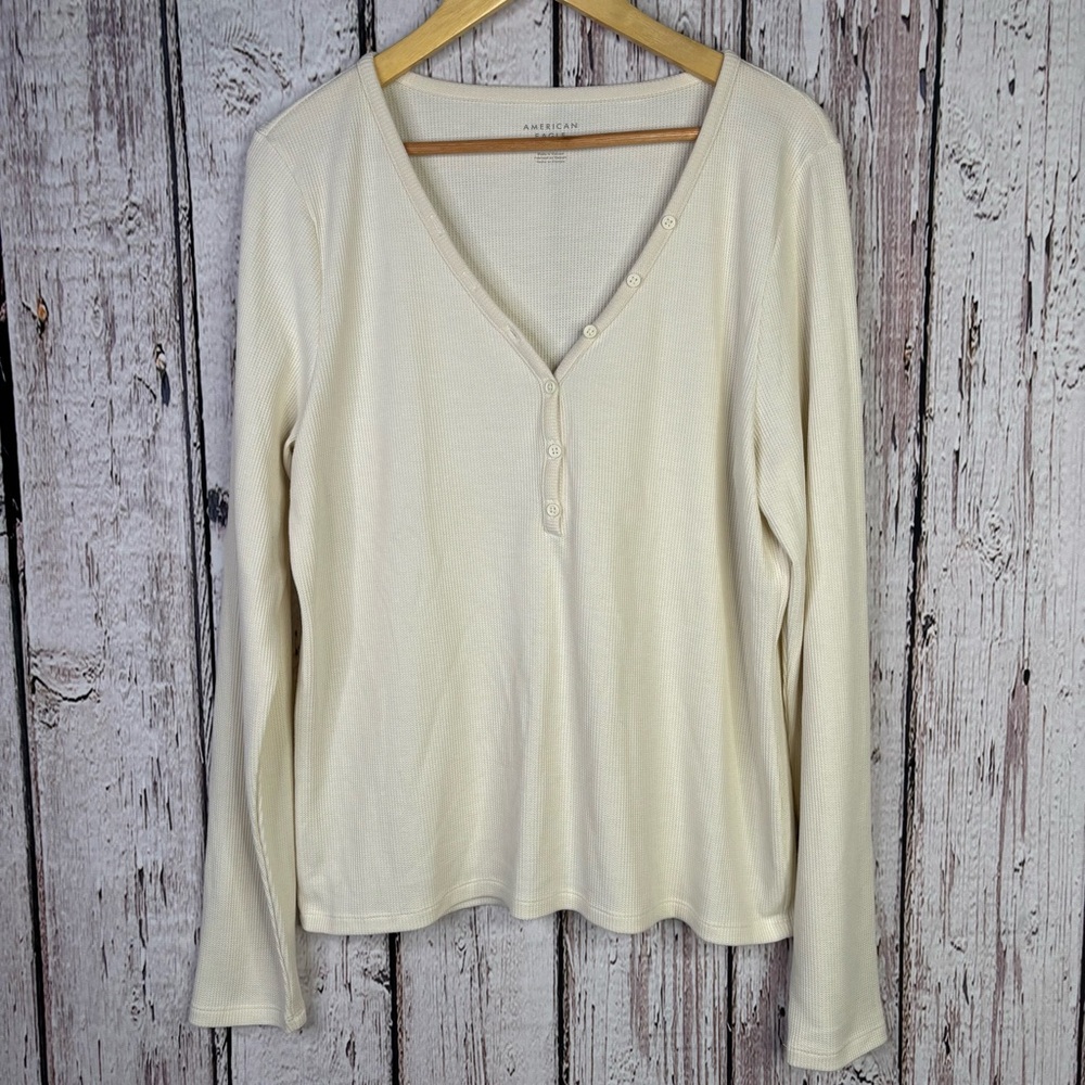 American Eagle Waffle Knit Long-Sleeve Henley Tee Size XXL Ivory Cream V-Neck